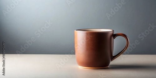 A simple brown ceramic mug sits on a neutral surface against a muted background