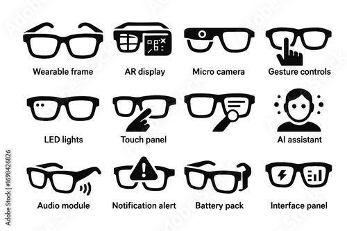 Led icon camera battery micro pack interface vector notification glasses ar futuristic