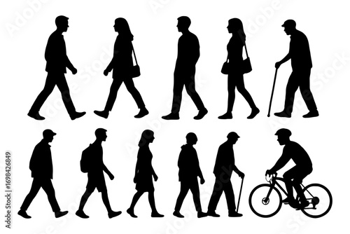 A group of people walking in a line, some carrying backpacks and handbags. Concept of everyday life. Vector. Silhouette illustration.