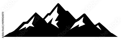 A mountain range is depicted in black and white. The mountains are tall and rugged, with snow-capped peaks. Vector. Silhouette illustration.