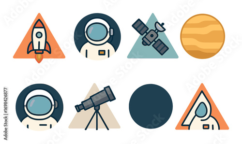 Space exploration icons featuring rocket, astronaut, satellite, telescope, and planet