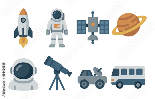 Space exploration icons: rocket, astronaut, telescope, planet, spacecraft, rover