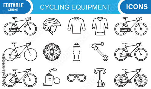 Mountain and road cycling outline icons pack featuring goggles, tires, and bicycle gear