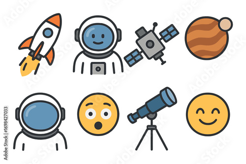 Set of space themed icons featuring astronaut, rocket, telescope, planet, and emoji faces