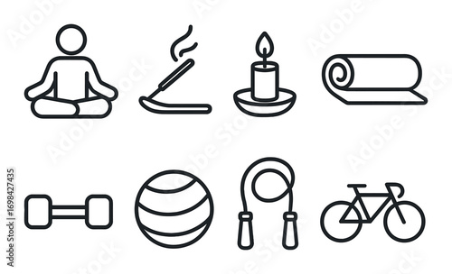 Fitness and relaxation icons: yoga, meditation, candle, exercise, cycling