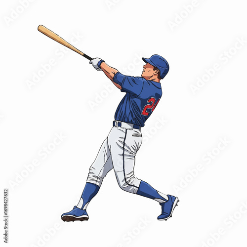 Vector Illustration of Baseball Player Swinging Bat in Realistic Style with Blue Uniform and White Pants