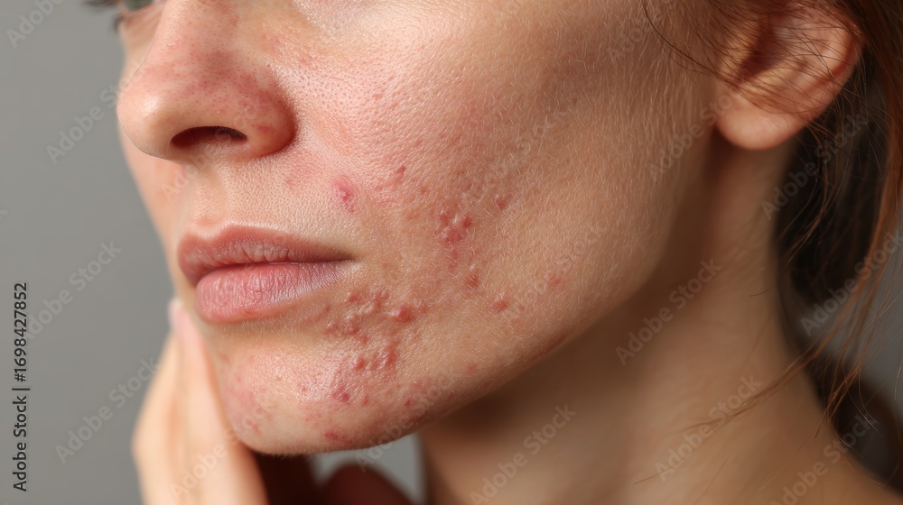 Obraz premium acne on woman face with rash skin, scar, and red skin syndrome allergic to cosmetics, use steroids, dermatology, inflammation, infection, hygiene