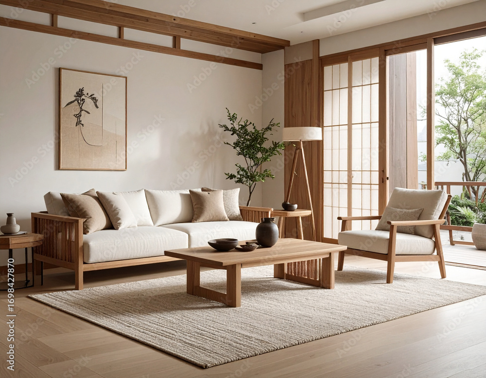 Fototapeta premium Modern minimalist living room design urban apartment interior photography contemporary style natural light serenity and comfort