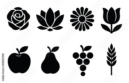 Elegant floral and fruit silhouettes on black background featuring rose, lotus, daisy, tulip, apple, pear, grapes, wheat