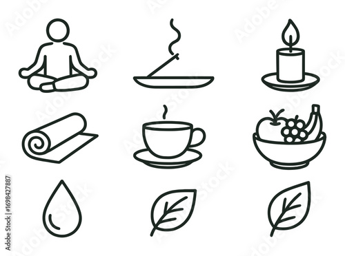Wellness and relaxation icons featuring yoga, meditation, and aromatherapy elements