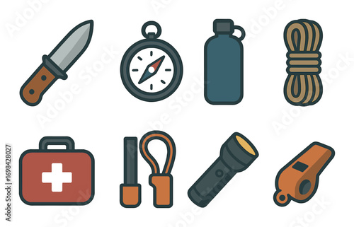 Essential camping gear icons: knife, compass, bottle, rope, first aid, fire starter, flashlight, whistle