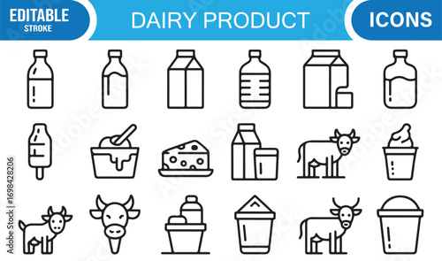 Dairy industry line illustrations with milk bottles, cartons, barn, and animal farming icons