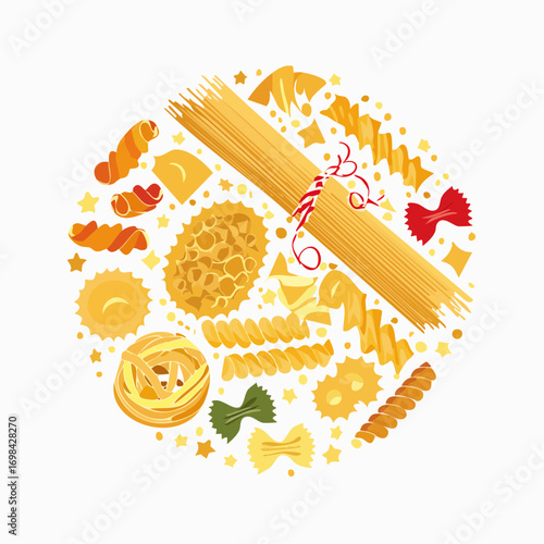 Different sorts of pasta. Macaroni, farfalle, penne, fusilli, stelline, ruote, ditalini. Traditional Italian food.