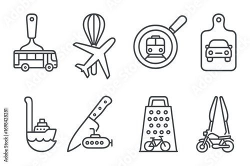 Simple icons of transport and kitchen tools on dark background