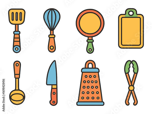 Colorful kitchen utensils set on gradient background