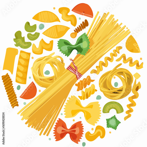Different sorts of pasta. Macaroni, farfalle, penne, fusilli, stelline, ruote, ditalini. Traditional Italian food.