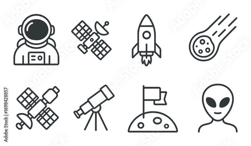 Space exploration icons: astronaut, satellite, rocket, meteor, telescope, alien
