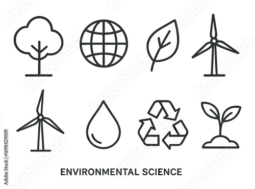 Minimalist environmental science icons: tree, globe, leaf, wind turbine, water drop, recycling, plant