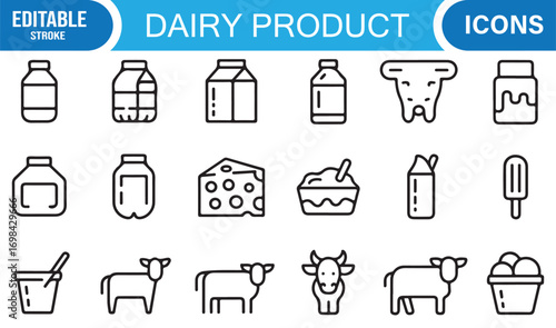 Organic farming and dairy outline icons set with cow, barn, milk bottles, and nutrition symbols