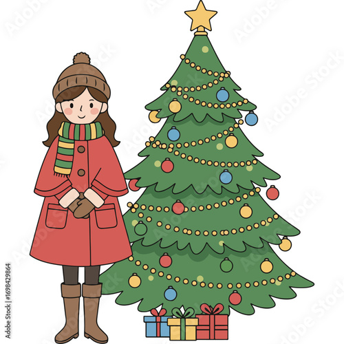 Girl next to Christmas tree and gifts: Suitable for use in blog posts, social media posts, and articles about holiday shopping, gift giving, and how to decorate a Christmas tree.