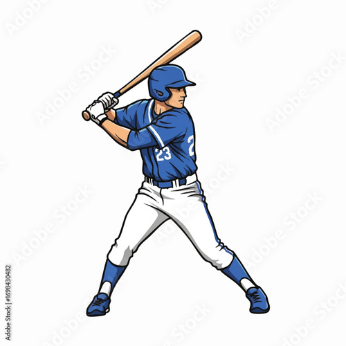 Vector Illustration of Baseball Player in Action in Modern Style with Blue White Colors