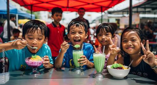 Happy children enjoying colorful shaved ice desserts at a vibrant outdoor market on a sunny day