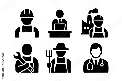 Professions icons: essential job roles in solid silhouette style
