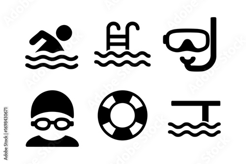 Swimming icons: water sports and pool activity essentials in solid silhouette style