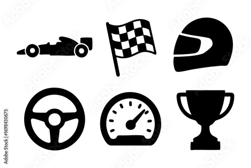 Racing icons: essential motorsport silhouettes including cars, helmets, flags, and trophies.
