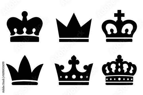 Crowns icons: royal crown silhouettes in minimal solid style