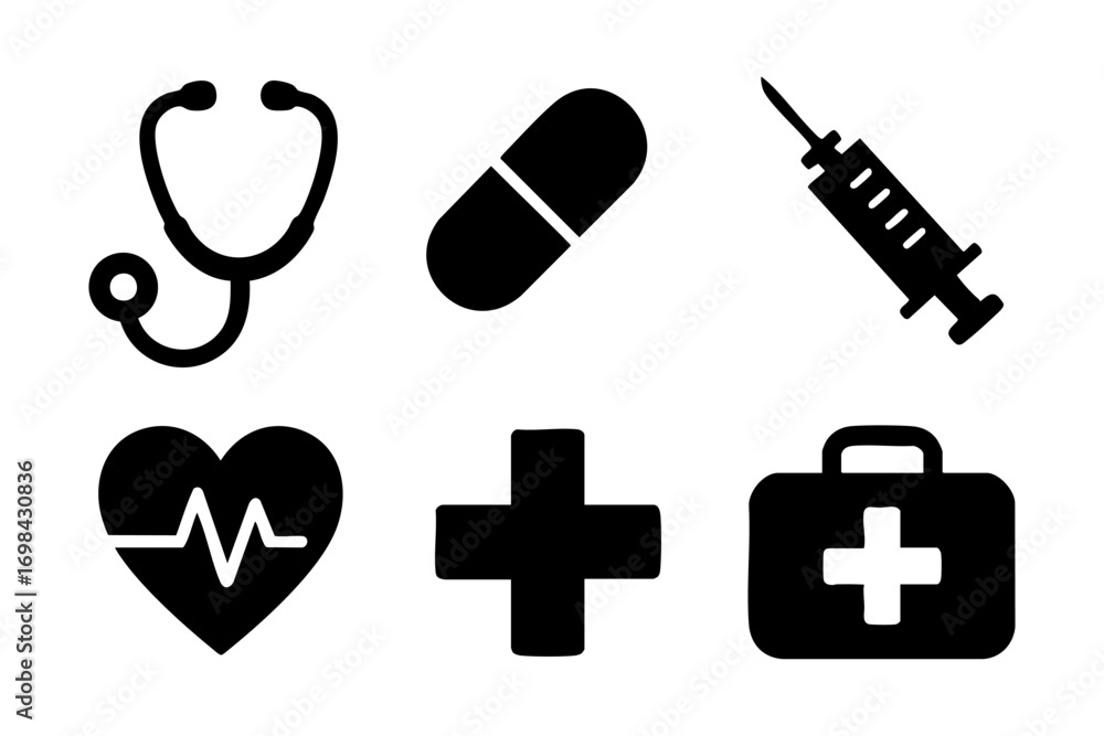 Fototapeta premium Healthcare icons: essential medical symbols including stethoscope, pill, syringe, heart, cross, and first aid kit.