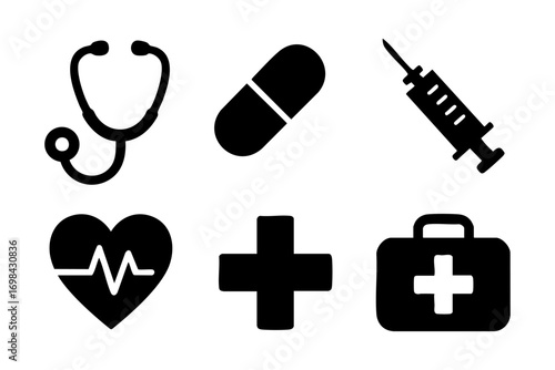 Healthcare icons: essential medical symbols including stethoscope, pill, syringe, heart, cross, and first aid kit.