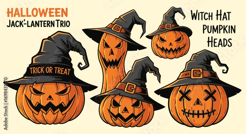 Five cartoon jack-o'-lanterns wearing witch hats displayed in a Halloween themed illustration.