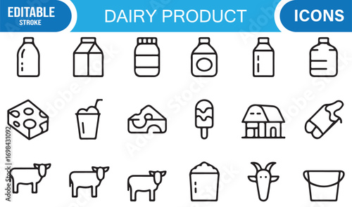Dairy product line icons set with milk, cheese, yogurt, and cow farming illustrations