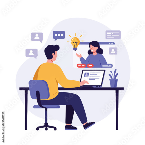Flat 2D vector illustration of a young man sitting at a desk, focused on a laptop during an online video call as a female mentor on screen explains a new concept with a glowing lightbulb icon.