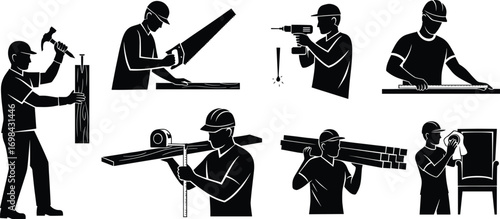 Carpenter silhouettes, woodworking tools, construction workers, hand tools, carpentry tasks, DIY repair, furniture making, black vector icons, tradesmen illustration set