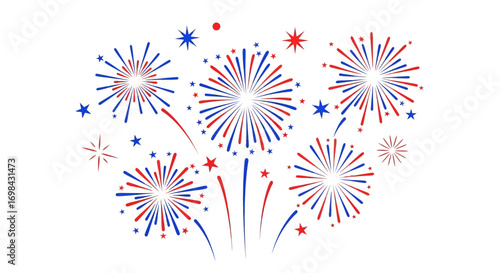 Illustration of red, white, and blue fireworks and stars on a white background, evoking a festive and celebratory mood.