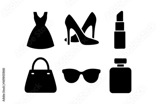 Fashion icons: dress, high heels, lipstick, handbag, sunglasses, and perfume in black silhouette style.