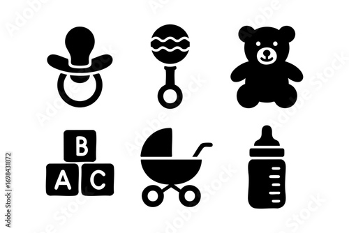 Set of baby icons in black silhouette style: pacifier, rattle, teddy bear, ABC blocks, stroller, and feeding bottle.