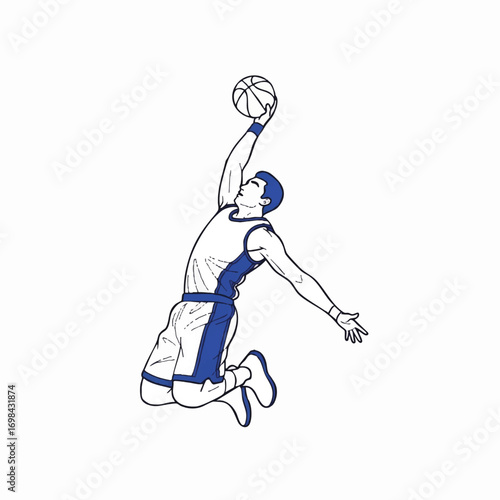 Minimalist Vector Illustration of Basketball Player in Dynamic Jumping Pose with Blue Accents in Modern Style