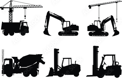 Construction vehicles silhouette set, dump truck, excavator, cement mixer, road roller, forklift, heavy machinery, industrial equipment, vector illustration, black icons