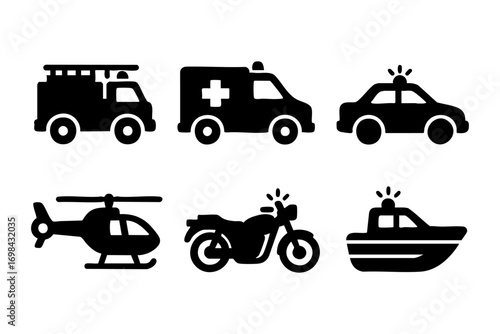 Emergency icons in black silhouette style: fire truck, ambulance, police car, helicopter, motorcycle, and rescue boat.