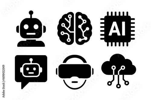 AI and technology icons in black silhouette style: robot, brain circuit, AI chip, chatbot, VR headset, and cloud computing.