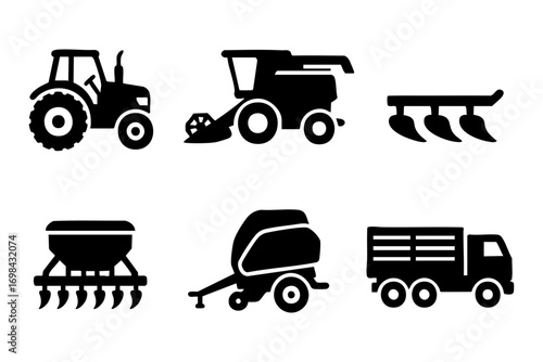 Farm machinery icons in black silhouette style: tractor, combine harvester, plow, seeder, and truck.