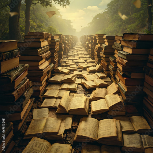 A surreal path paved with open and stacked books winds through a mystical forest toward a bright, distant light.