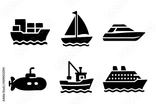 Sea transport icons in black silhouette style: cargo ship, sailboat, yacht, submarine, fishing boat, and cruise liner.