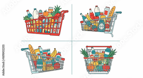 Illustration featuring four shopping carts filled with groceries, including fruits, vegetables, dairy, and packaged goods, against a white background.