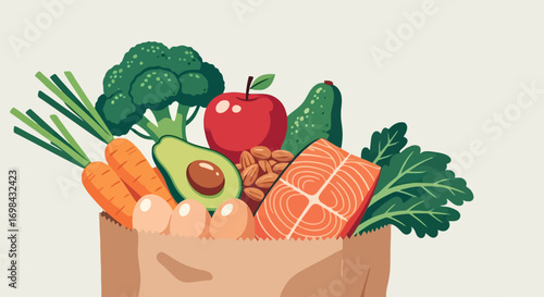 An illustration of a grocery bag overflowing with healthy food including salmon, avocado, eggs, broccoli, carrots, an apple, nuts, and leafy greens.