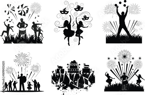 Festival celebration silhouettes, dancing people, fireworks, carnival joy, masquerade party, crowd cheering, festive night, community event, vector art, black and white illustration