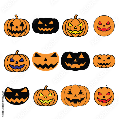 Collection of twelve carved halloween pumpkins with spooky faces